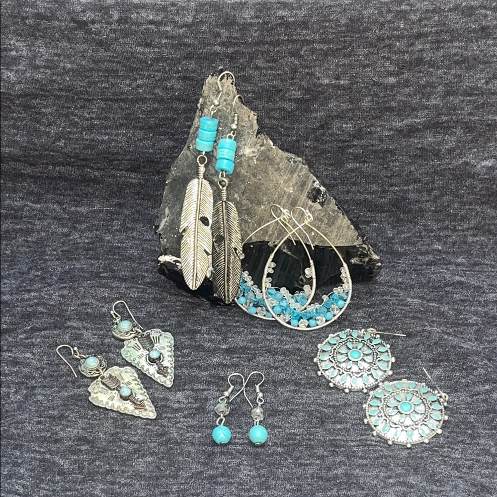 5 Piece Set of Faux Silver  and Turquoise Costume Western Earrings.